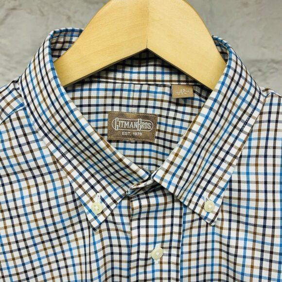 Gitman Bros Oxford Shirt Large Blue Brown Check Long Sleeve Cotton Made in USA - Picture 1 of 7